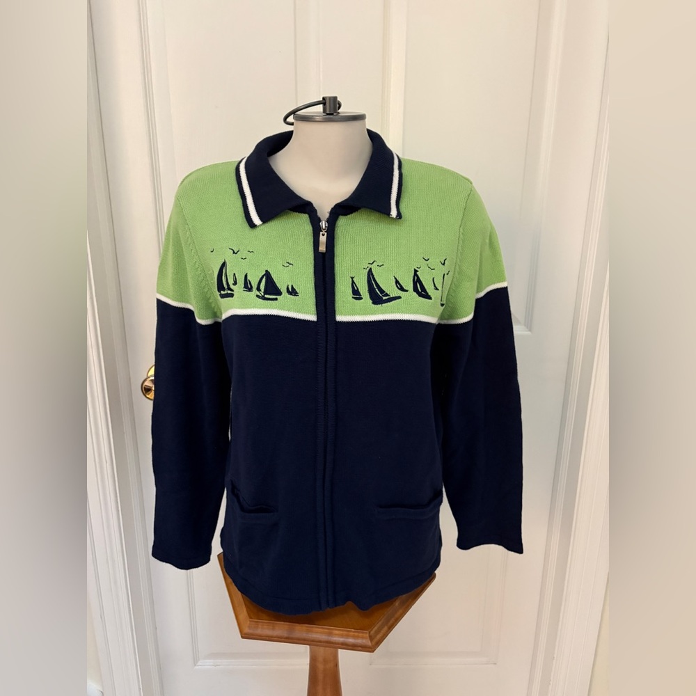 Alia Green and Navy Sweater with Sailboat size M Petite
